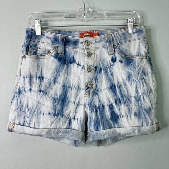 Dickies Women's Cuffed Button Fly Acid Wash Tie Dye Stretch Denim Shorts Size 7 - Picture 6 of 16